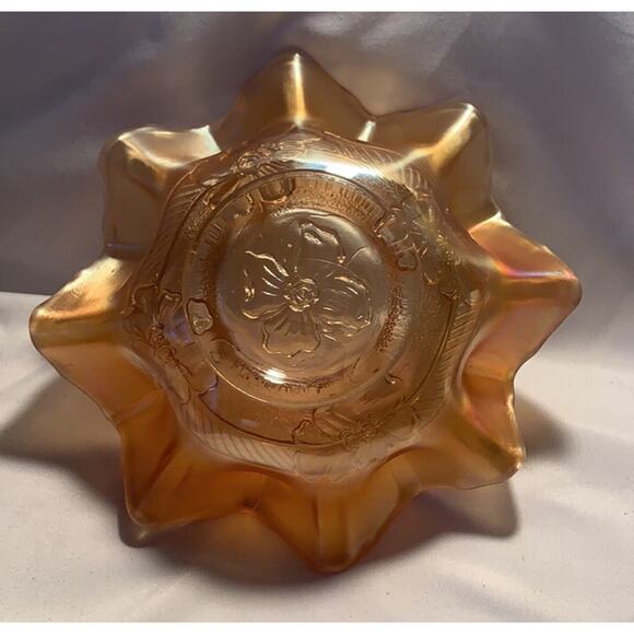 Vintage Duncan Apple Blossom Marigold Carnival Ruffled Glass Bowl 7” - Picture 3 of 4